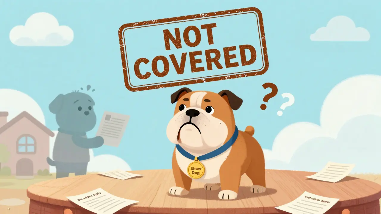 Собака на выставке с маркировкой &#039;Не покрывается&#039; на фоне счастливого домашнего питомца с полисом.