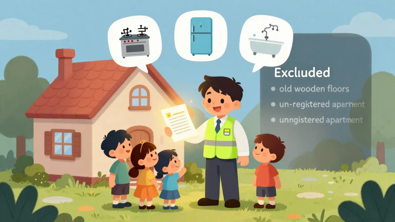 Страховой агент дарит полис семье, а над домом парят защищённые предметы, скрытые риски исчезают в тумане.