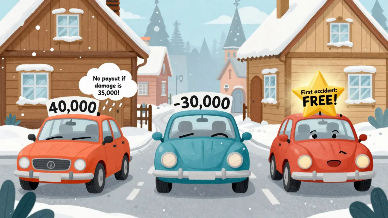 Три машины с разными типами франшизы: условная, безусловная и динамическая, в зимнем городе.