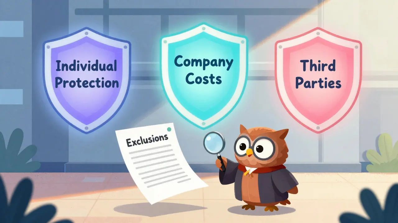 Три светящихся щита защищают офис: индивидуальная защита, расходы компании и третьи лица, сова с лупой разбирает договор с ловушками.