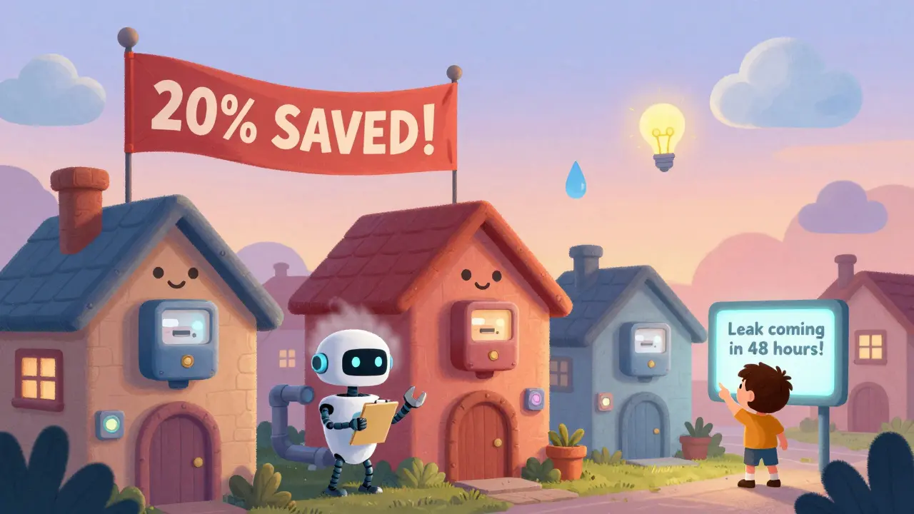 Умный дом с предсказанием утечки стоит среди обычных домов, а дети указывают на экран с прогнозом.