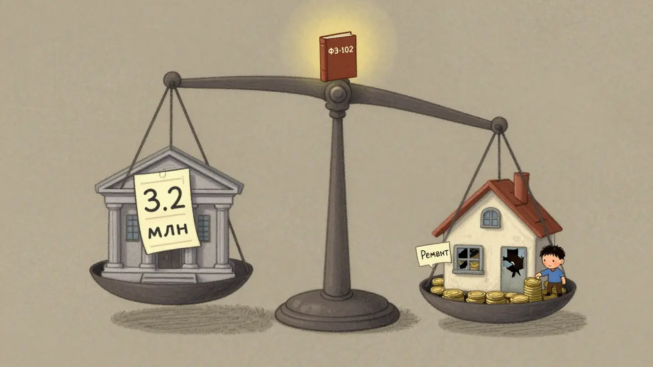 Весы: банк с долгом против дома с повреждениями, законская книга сверху.