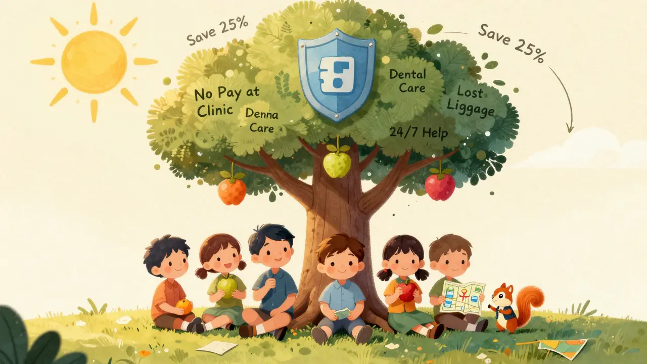 Волшебное дерево страховки с фруктами-услугами, семья под ним получает карту больницы под солнцем-щитом.