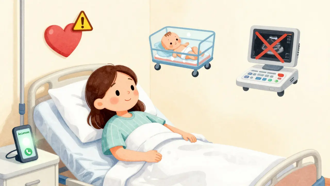 Женщина в больнице за границей звонит в службу поддержки, рядом плавают символы экстренных ситуаций и запрещённых процедур.