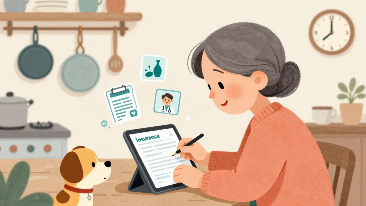 Бабушка оформляет страховку онлайн на кухне, рядом с ней плавают значки травм и врач.