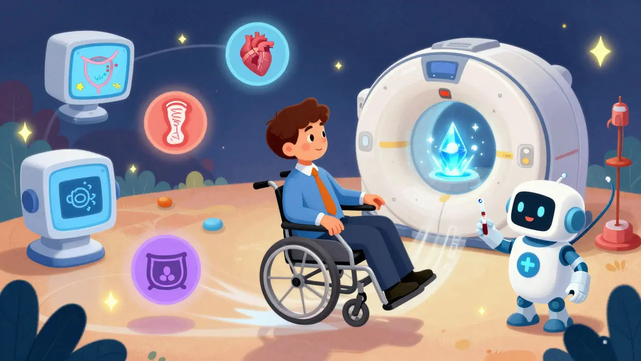 Человек в полете на волшебном кресле проходит премиум-обследование, вокруг него летают диагностирующие машины и генетические символы.