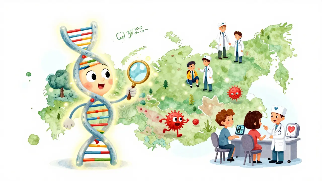 Дружелюбная ДНК-сущность показывает искусственный интеллект, как он находит болезни на карте России, люди становятся здоровыми.