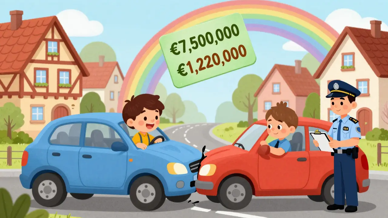 ДТП в Германии с дружелюбными персонажами и цифрами выплат в облаке.