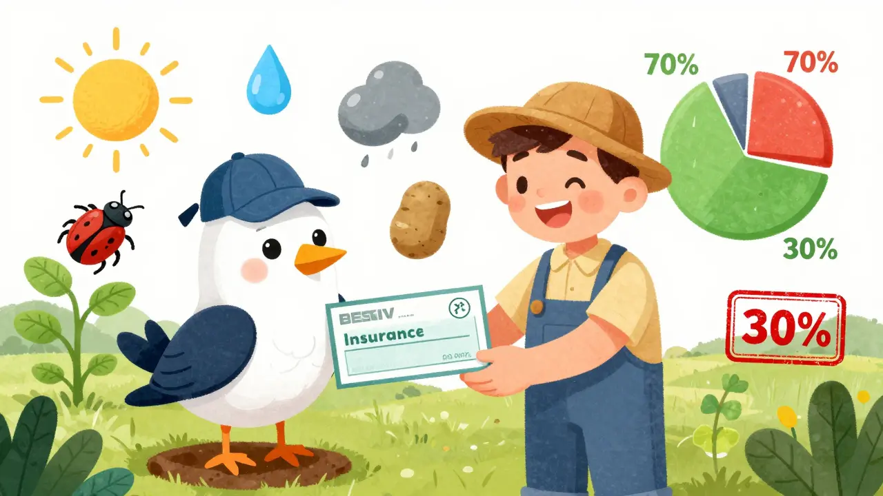 Фермер получает выплату от птицы-страховщика, вокруг — символы рисков и субсидии.