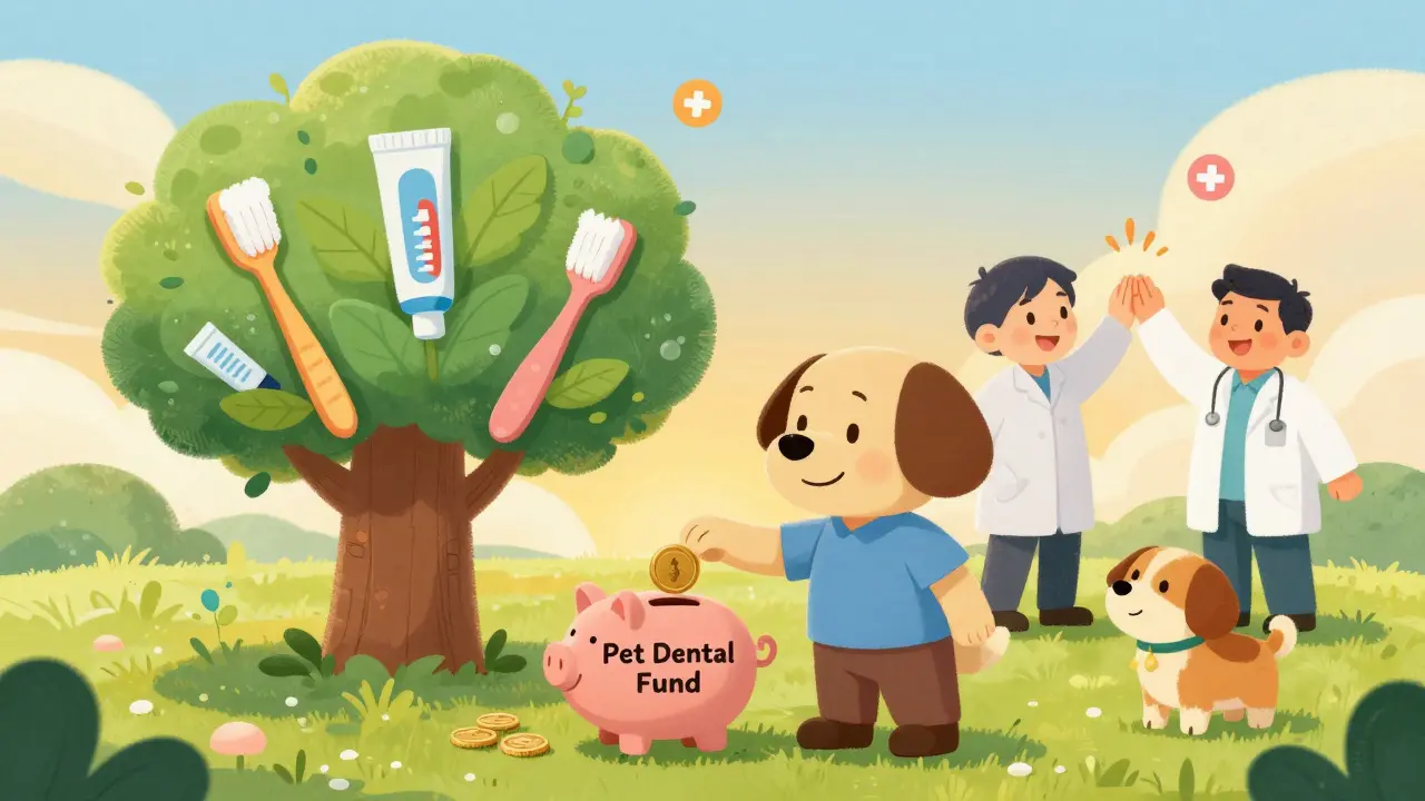 Хозяин кладёт деньги в копилку 'Фонд зубов питомца', за ним растёт дерево с листьями-зубными щётками.