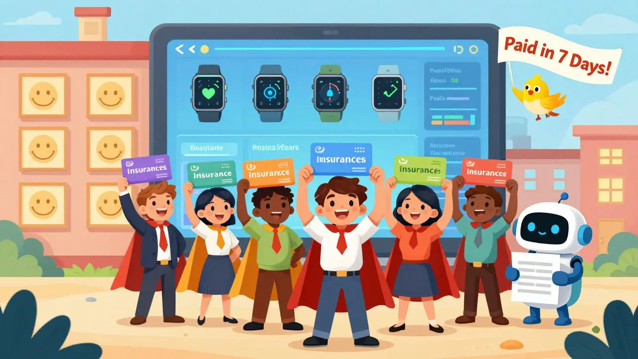 Команда сотрудников держит страховые карты как плащи, над ними — цифровой монитор и дружелюбный робот.