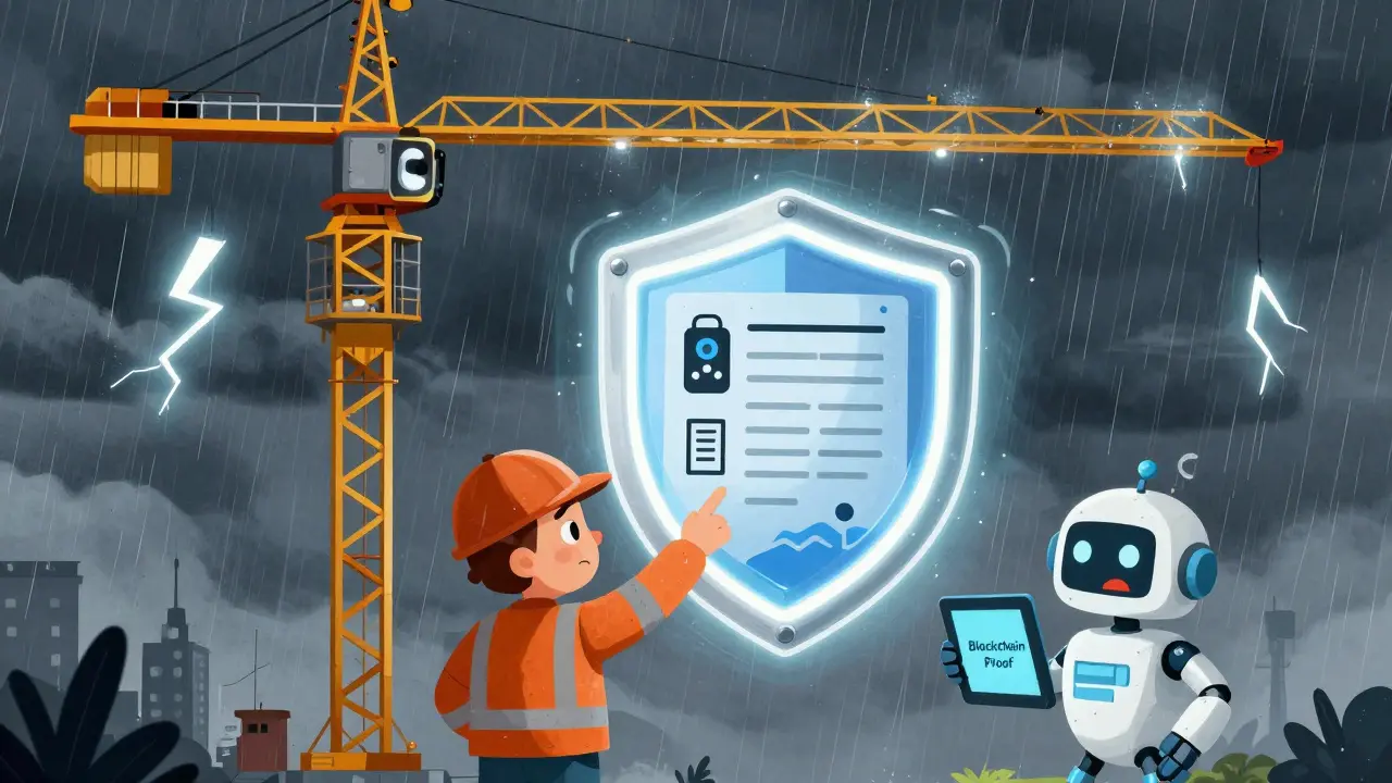 Кран в шторме защищен сияющим щитом страхования, рядом — рабочий с планом и роботом с планшетом.