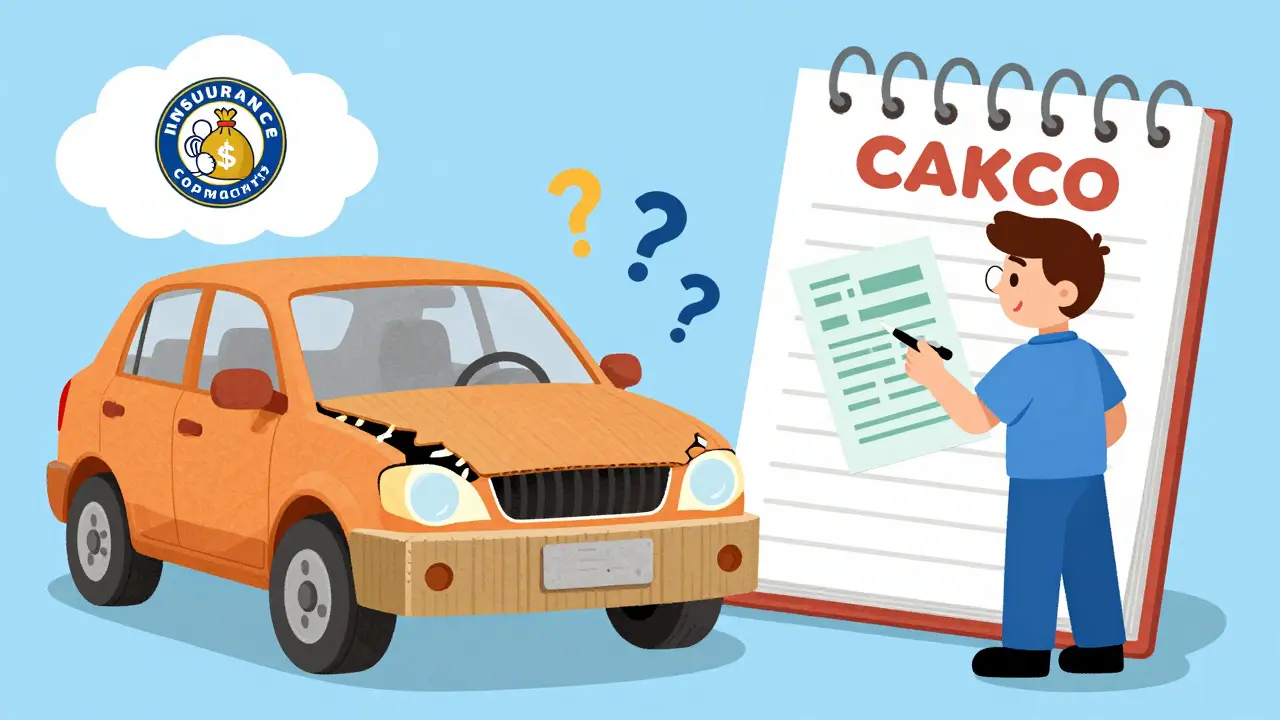 Механик ремонтирует машину из картона и бумаги, а страховая компания наблюдает сверху, держа деньги.