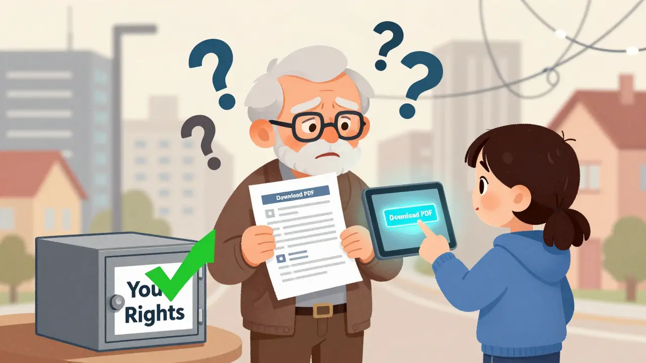 Пожилой мужчина не понимает страховку, а девочка показывает ему, как скачать условия.