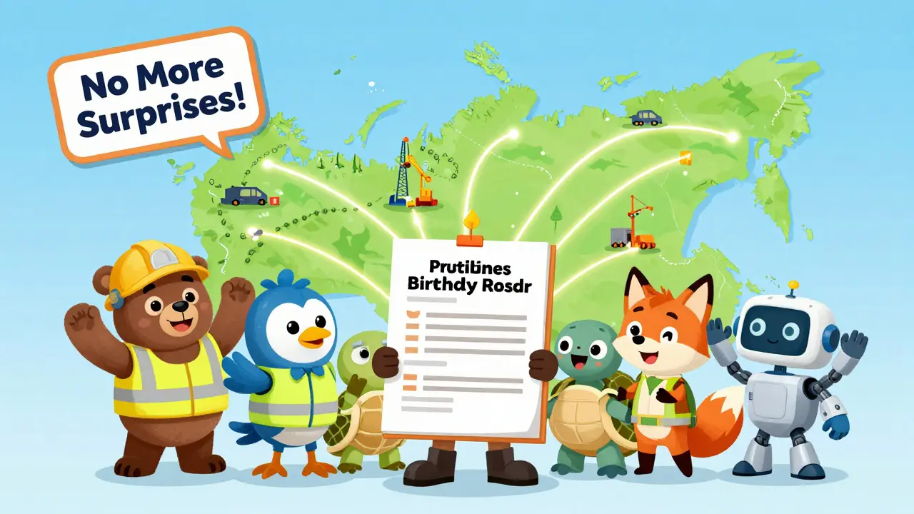 Рабочие празднуют с тортом-полисом, а пять мультяшных страховых компаний радостно смотрят на карту строек.