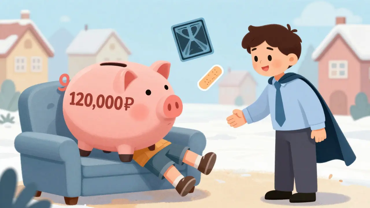 Ребёнок получает большой кошелёк с деньгами после падения с дивана, рядом — доброжелательный агент.