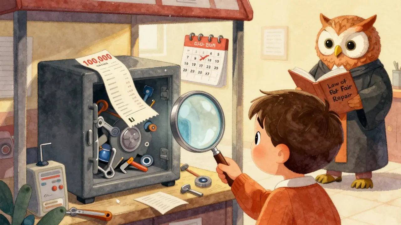 Ребёнок с лупой раскрывает мошенничество на СТО: фальшивые чеки, спрятанные деньги и календарь с долгим ожиданием ремонта.
