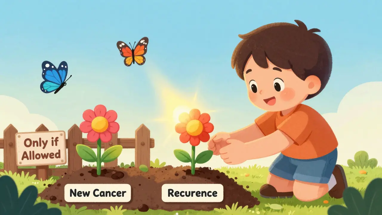 Ребёнок сажает цветок с надписью 'Новый рак', а цветок 'Рецидив' за забором — с надписью 'Только если разрешено'.