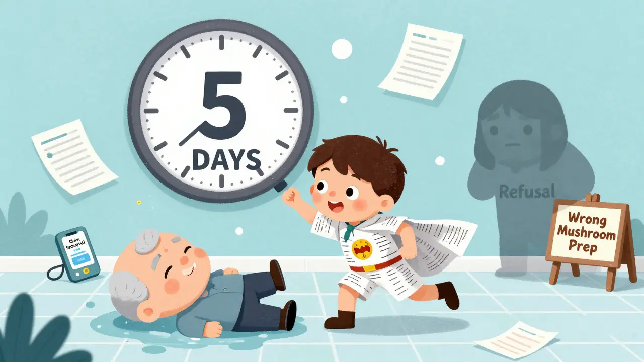 Ребёнок-супергерой спасает бабушку после падения в ванной, над ними — часы с надписью '5 дней', в тени — силуэт отказа с надписью 'неправильно приготовленные грибы'.