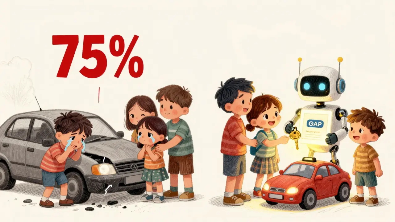 Семья грустит у сломанной машины, а справа получает новый игрушечный автомобиль и сертификат GAP-страхования.