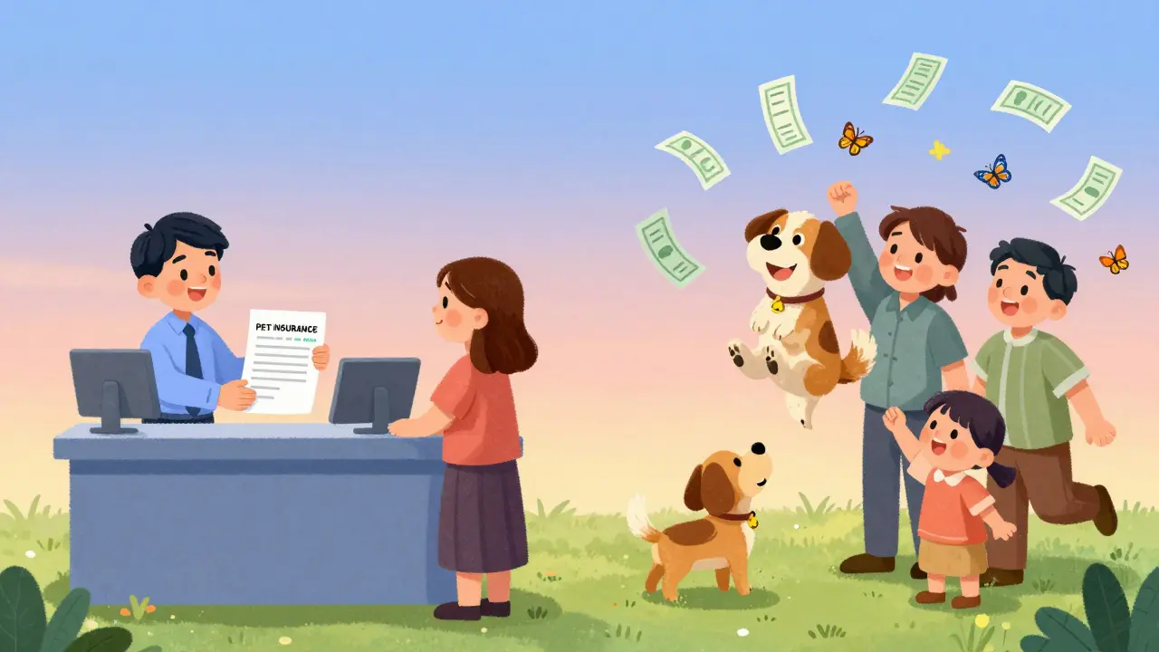 Семья платит за страховку слева, справа — их собака радостно прыгает после операции.