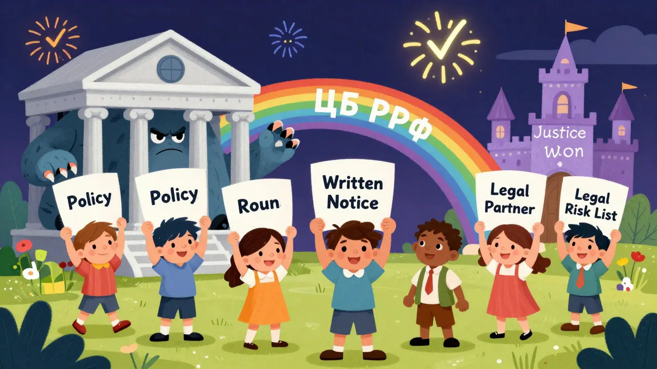 Семьи защищаются щитами из бумаги от злого банка-монстра, над ними — радуга к справедливости.