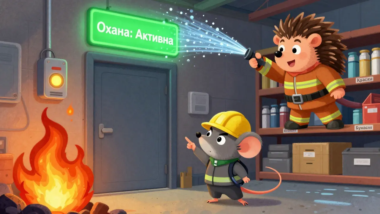 Склад с огнем, мышью и ежом-пожарным, с датчиками и яркими полками.