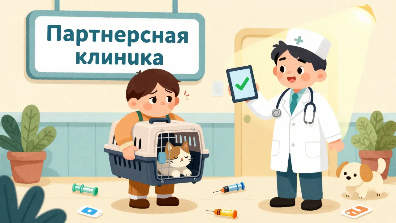 Владелец с кошкой в переноске перед ветеринарной клиникой, ветеринар показывает положительный результат на планшете.