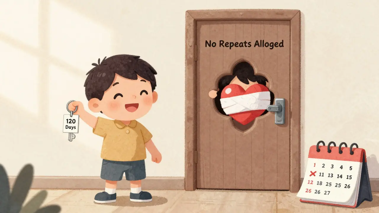 Здоровый ребёнок держит ключ, а другой с bandaged heart смотрит на закрытую дверь с надписью 'Нет повторов'.