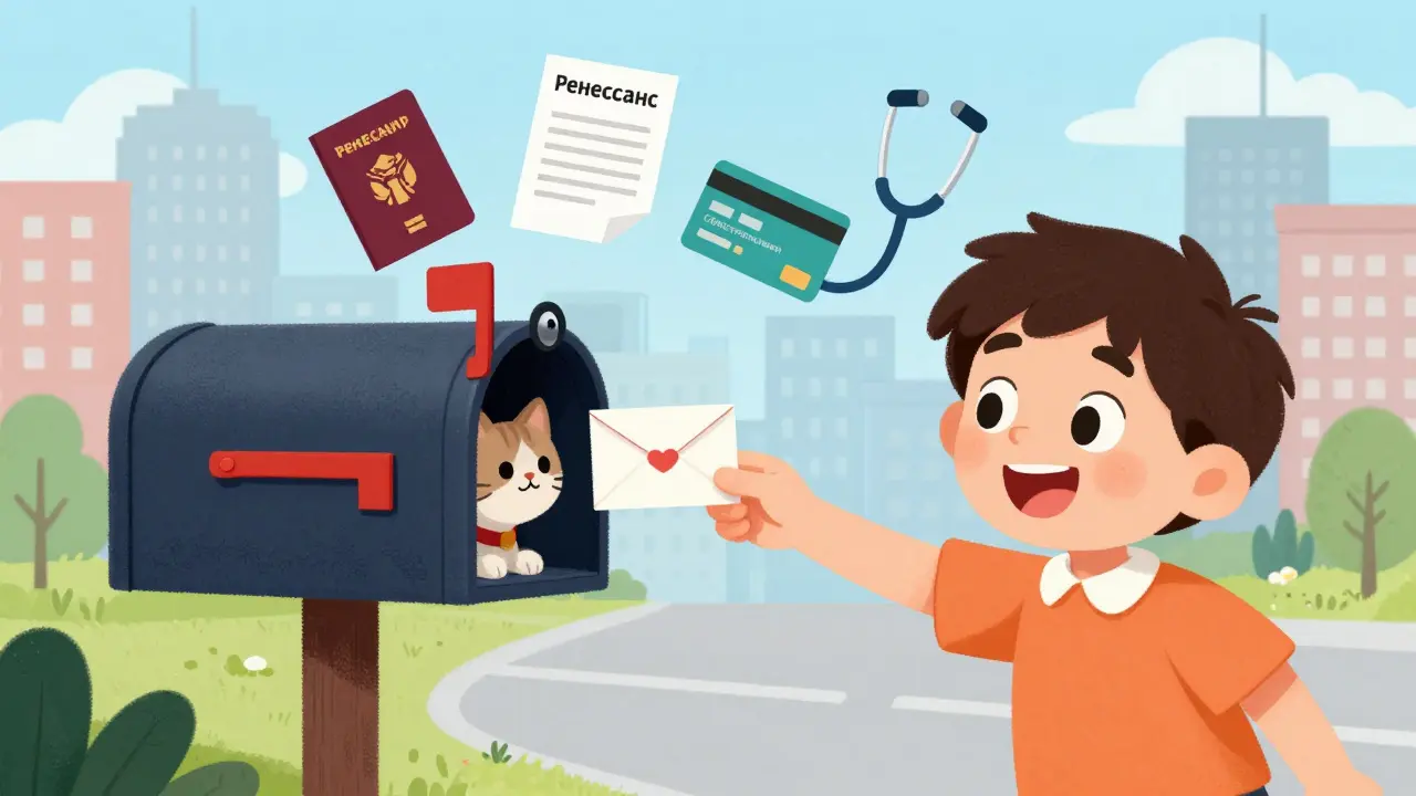 Человек отправляет письмо об отказе от страховки, вокруг летают документы и логотипы страховых компаний.