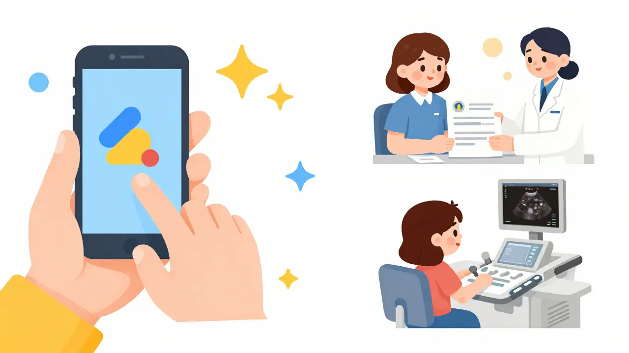 Человек проверяет телефон, получает направление и проходит УЗИ в клинике