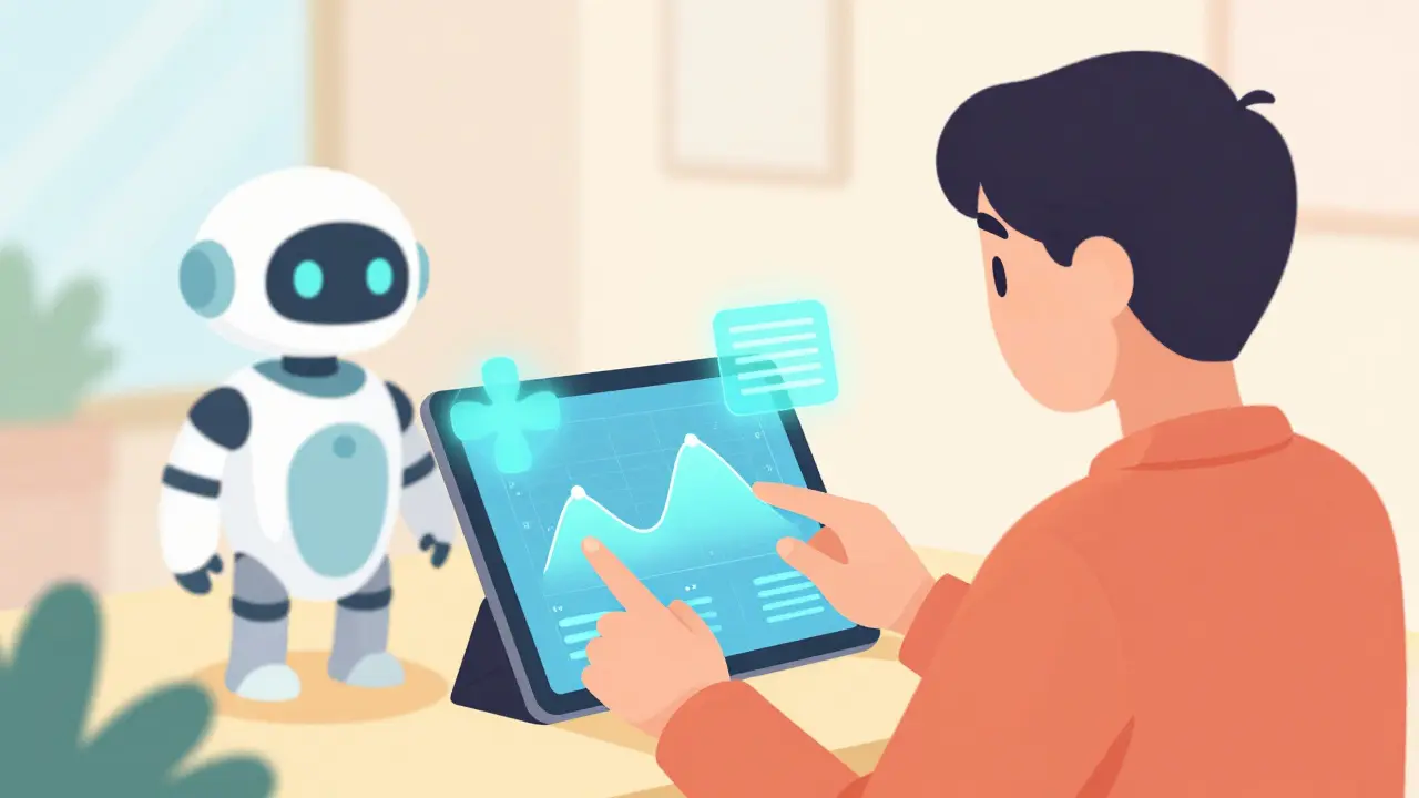 Человек с планшетом и роботом-помощником в медицинском центре