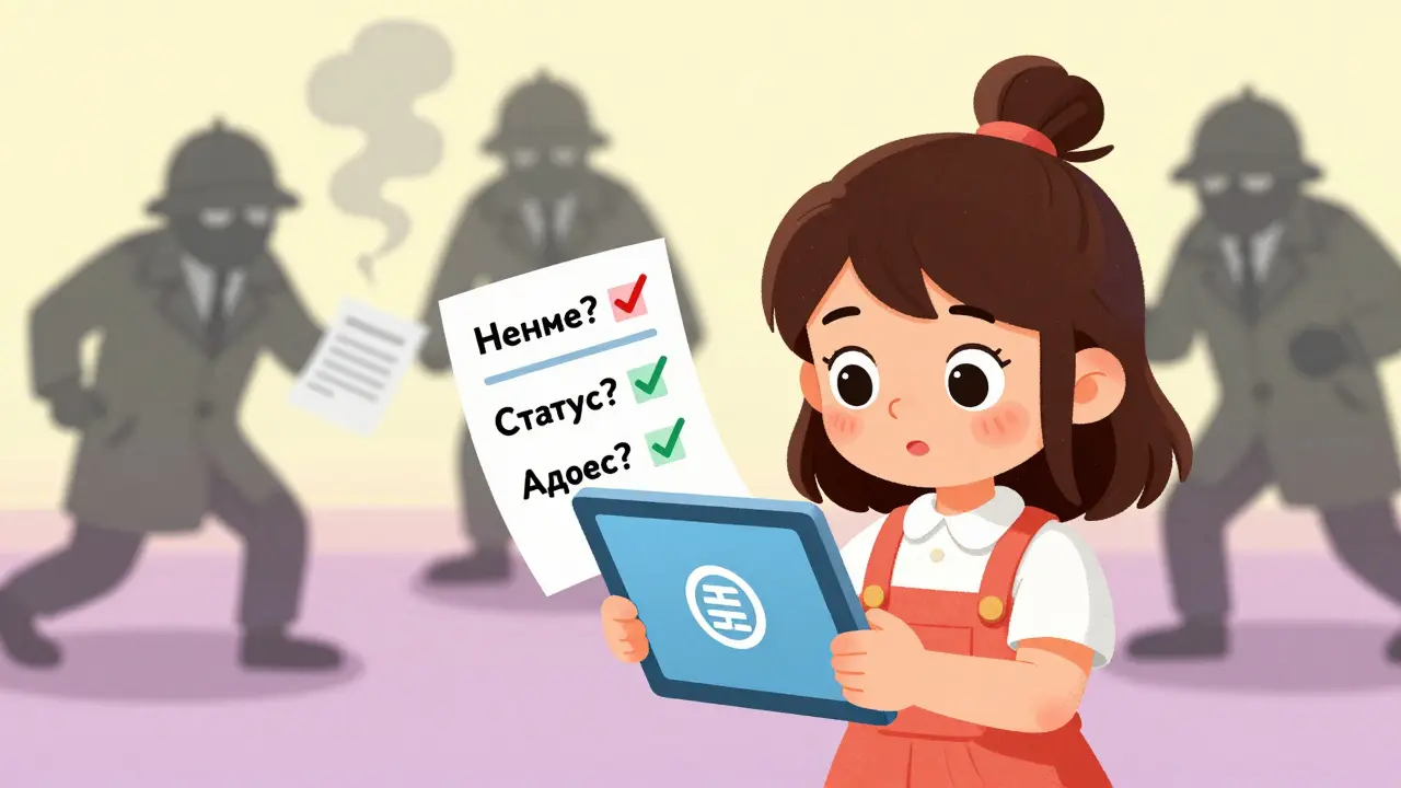 Девочка проверяет реестр ЦБ РФ на планшете, а мошенники в плащах исчезают в дыму, рядом — чек-лист с галочками.