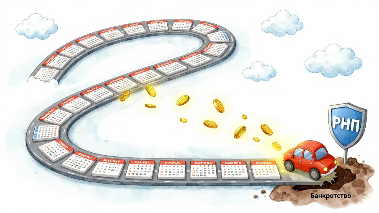 Дорога из календарных месяцев, по которой едет машина, под ней — щит РНП, защищающий от пропасти.