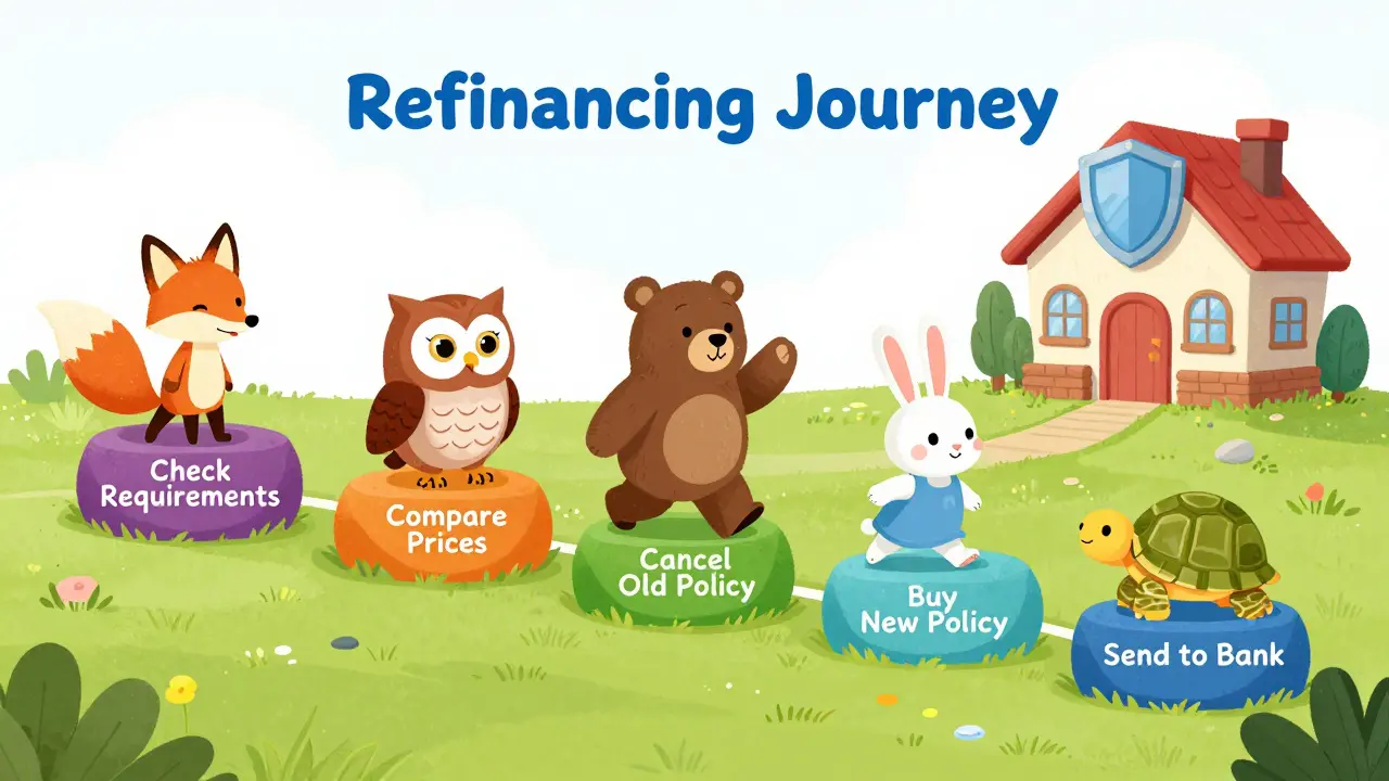 Дорожка из пяти камней с шагами по переоформлению ипотеки, каждый с животным-помощником, ведёт к защищённому дому.