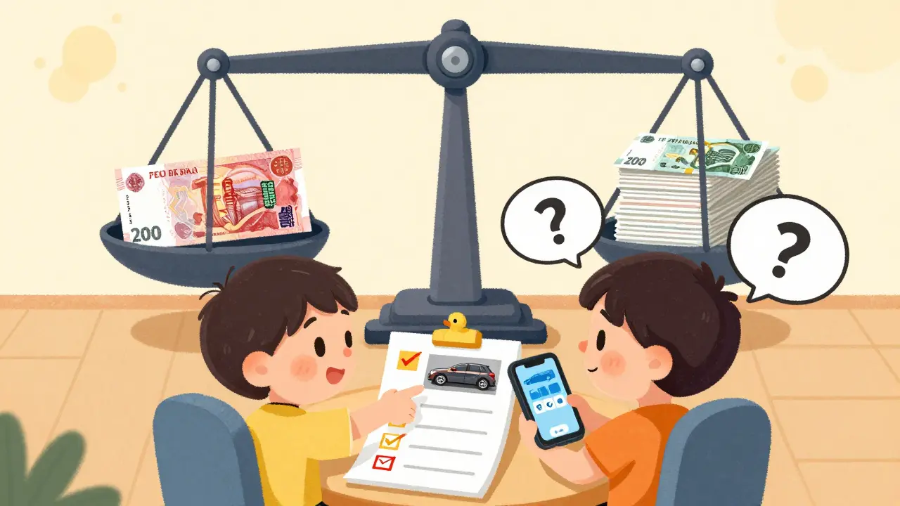 Два водителя рассматривают фото аварии за столом, один сомневается, другой указывает на снимок.