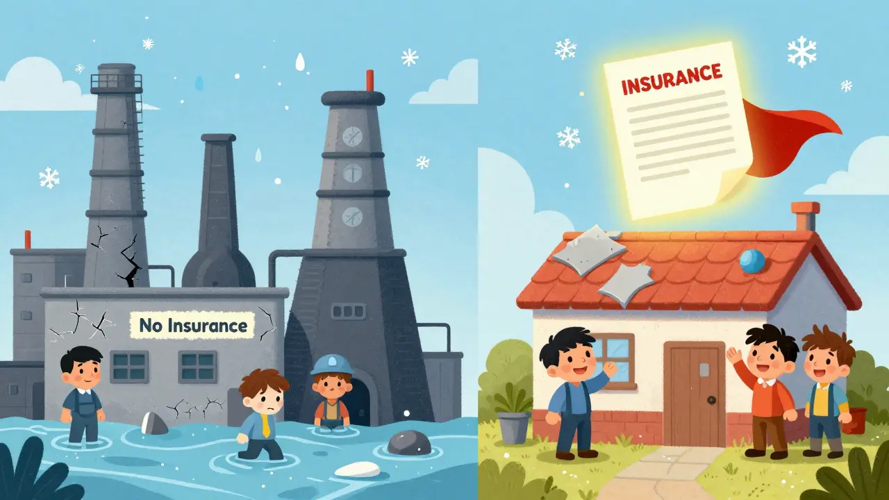 Два завода: один разрушен и грустный, другой восстановлен и счастливый, снежинки и капли воды вокруг.