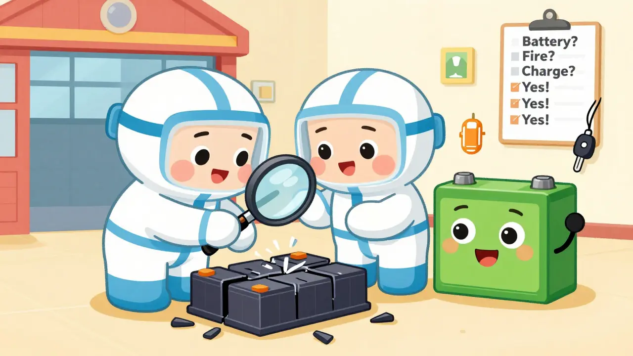 Механики осматривают батарею электромобиля под лупой, батарея улыбается, рядом — значки зарядки, гаража и ключей.