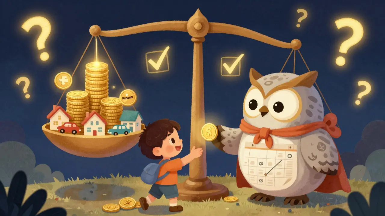 Ребёнок даёт монету сове-страховщику, над ними — весы с резервом и символами выплат.