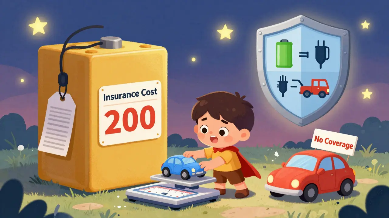 Ребёнок кладёт электромобиль на весы с ценой батареи, рядом — разбитая машина и спасательный щит с символами защиты.