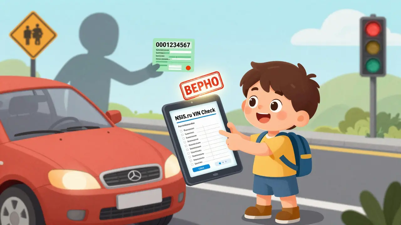 Ребёнок показывает на экране с историей страховки машины, а мошенник пытается подменить документ.