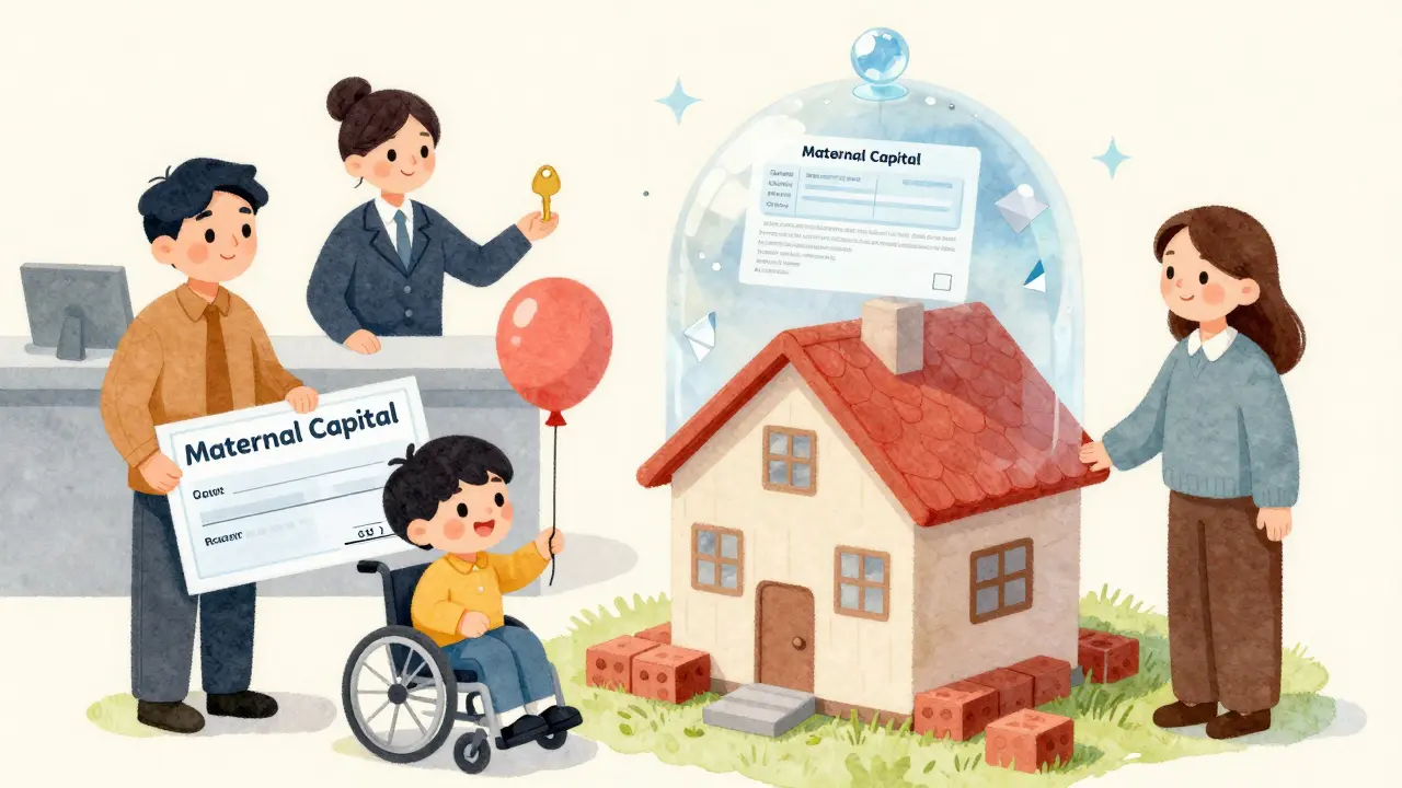 Ребёнок с инвалидностью держит дом на воздушном шаре, родители получают материнский капитал, превращающийся в кирпичи.