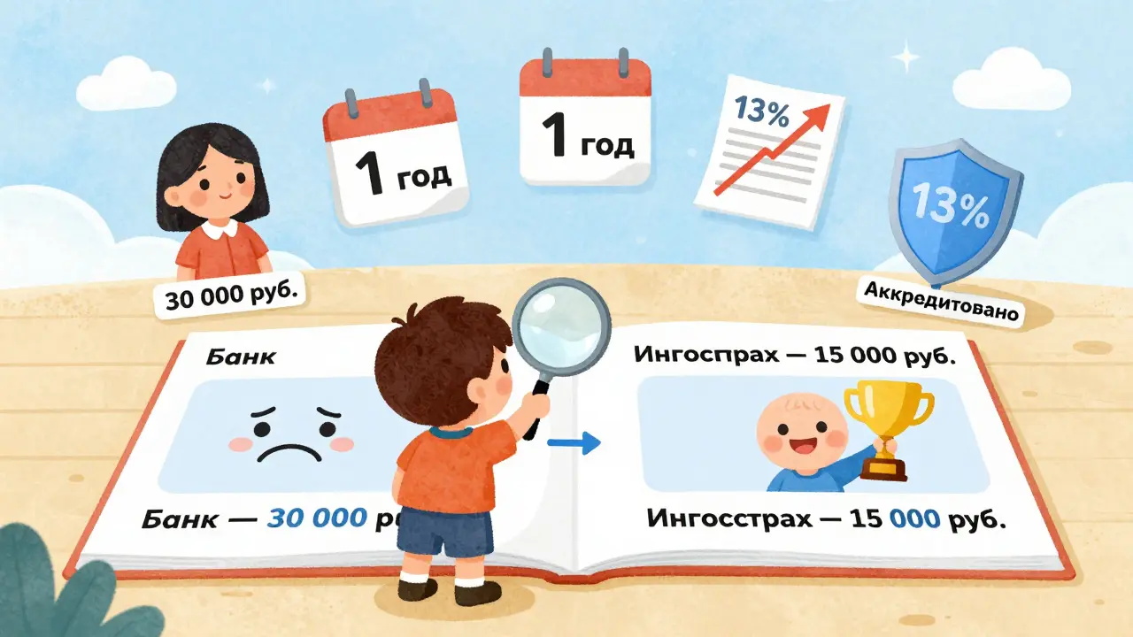 Ребёнок сравнивает цены страховок, женщина и календарь с '1 год' рядом