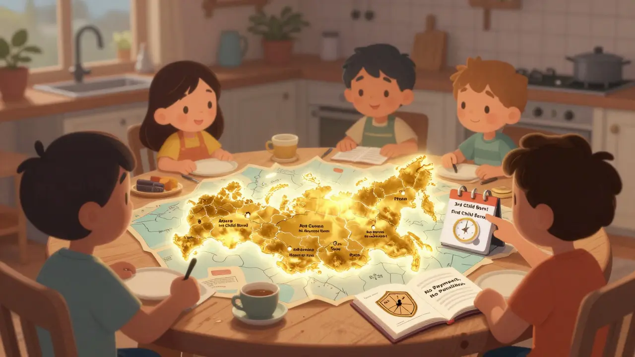 Семья смотрит на карту России, где отмечены льготные регионы, а календарь показывает 18 месяцев без платежей.