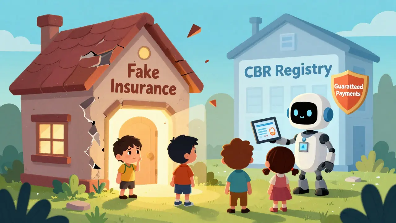 Семья стоит перед разрушающимся домом мошенников, а через портал — безопасный реестр ЦБ с роботом-проверяющим.