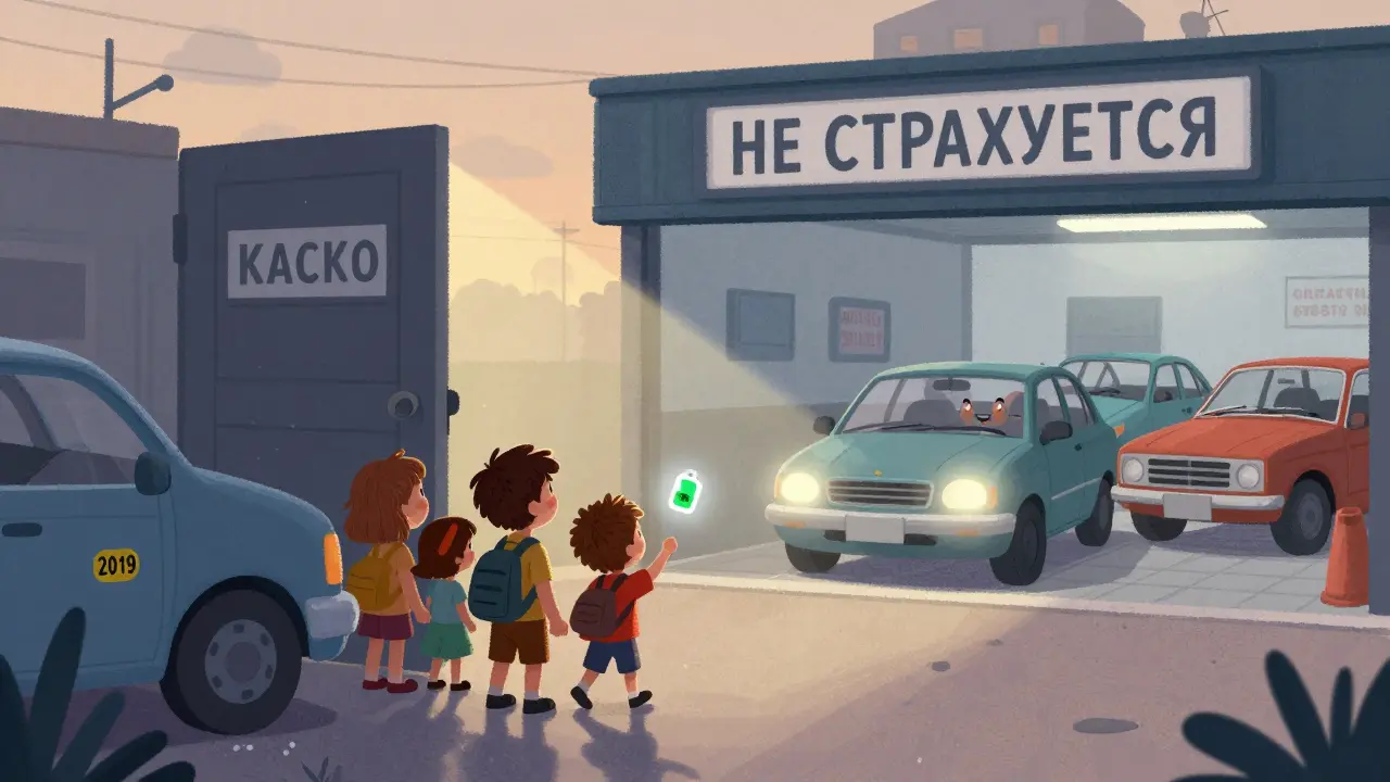 Семья стоит рядом со старой машиной, дверь КАСКО закрывается, а новая машина идёт к ремонту.