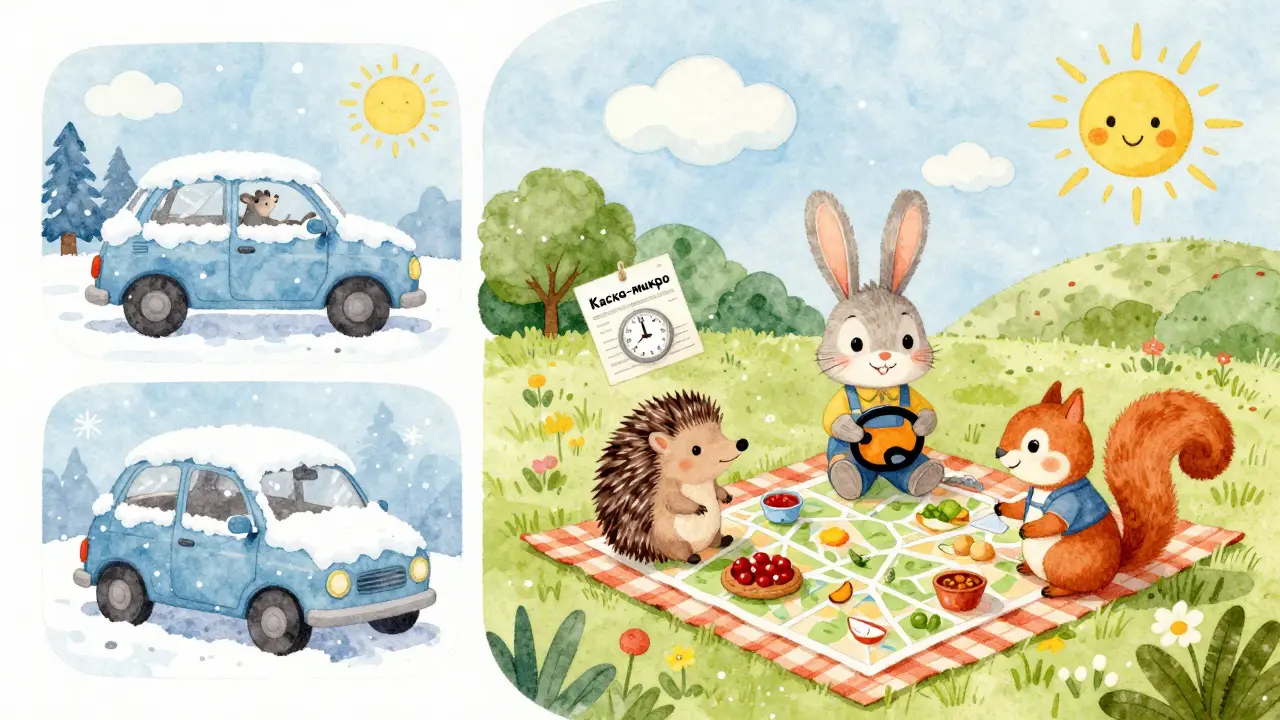 Семья животных на пикнике с картой машины, показывающей сезонное страхование на 30 дней.