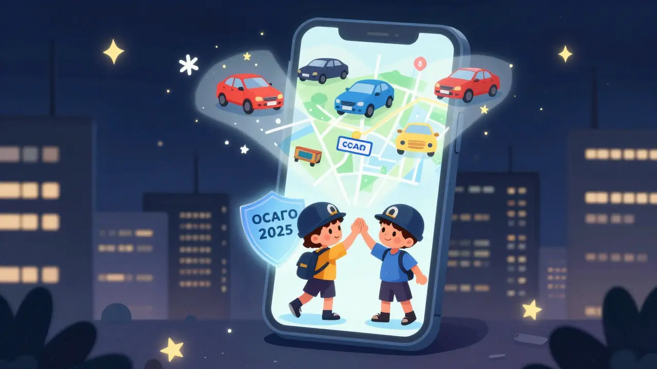 Смартфон проецирует фото ДТП над городом, двое детей радостно обнимаются под светом защиты ОСАГО.