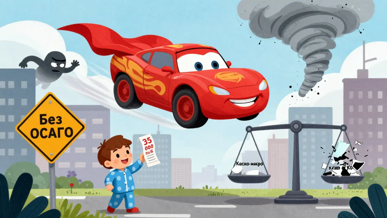 Супермашина с плащом летит над городом, избегая воров и бурь, а человек смотрит на дешёвый полис.