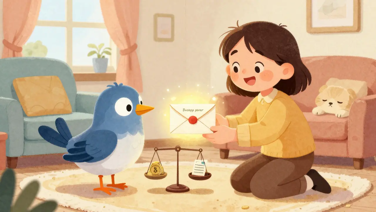 Владелец получает возвращённые деньги от почтовой птицы, рядом лежит спящий питомец, весы показывают баланс.